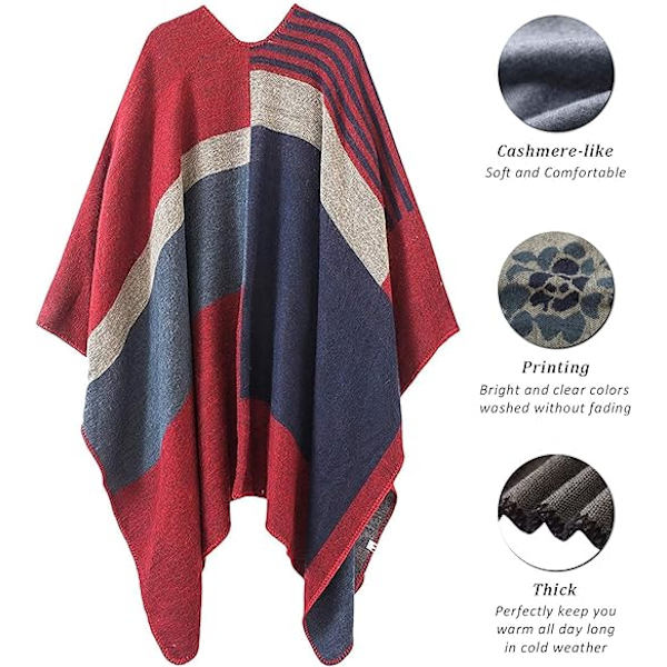Kvinnors Rutig Tröja Poncho Cape Kappa Öppen Fram Filtsjalar och Omslag