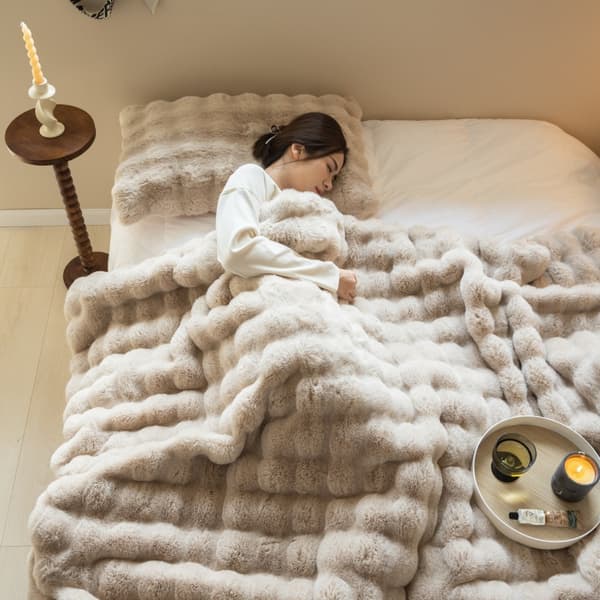 Faux fur plaid i toscansk stil, dobbeltsidet boblefleece, tykt tæppe til kontorlure og sofabetræk sky blue