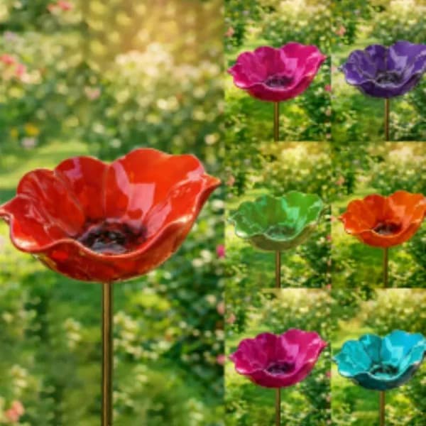 Fuglebad i metalblomst, udendørs fuglefoder og havekunst til terrasse og græsplæne rød red 1PCS