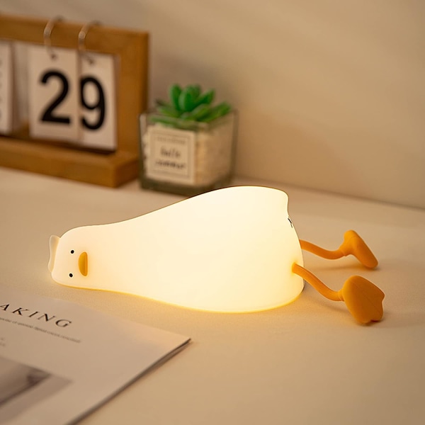 Liggande Anka Nattlampa, LED Squid Duck Lamp, Cute Glow Duck, Silikon Dimbar Nursery Night Lamp, Bedside Uppladdningsbar Touch Lamp for Nursing