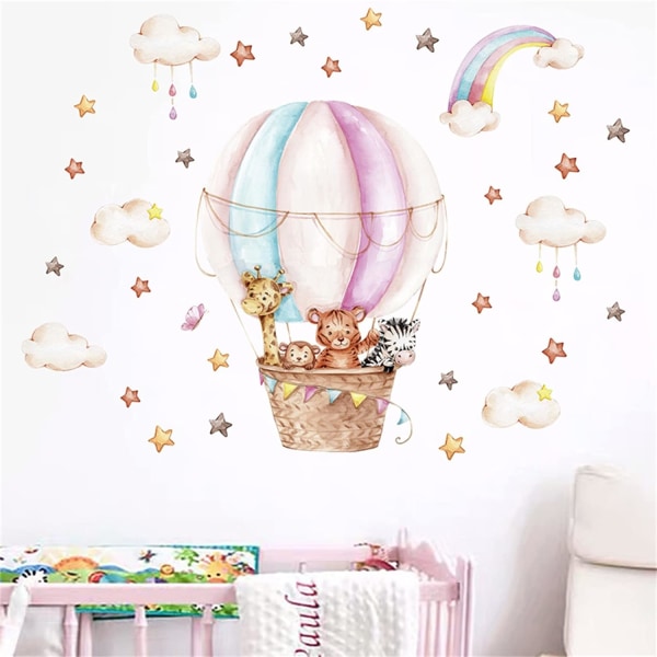 Akvarell Djurmoln Väggdekaler Rosa varmluftsballong barnkammare Väggdekaler Giraffe Baby Girl Barnrum Stjärnväggsdekoration