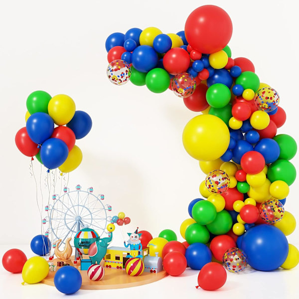 123 stk. primærfarvede balloner karneval cirkus ballonbue guirlande sæt, røde gule blå grønne balloner regnbueartikler til tema fødselsdagspynt