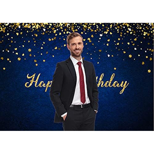 7x5ft Happy Birthday Bakgrunn for Menn Royal Blue Bakgrunner for Fotografering Golden Glitter Dots Bakgrunn 1. Fødselsdag Banner Dekorasjoner