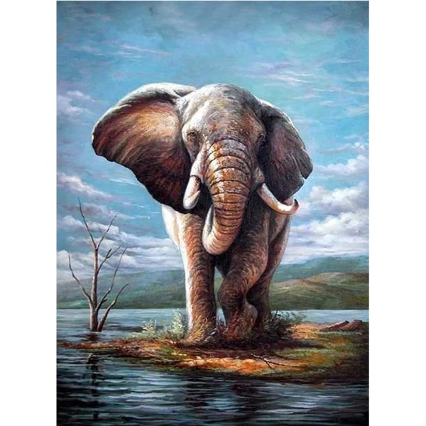 5D diamond painting djur diy rådjur kombination rund borr full av lejon och elefanter -(Elephant lake)-12*16 in