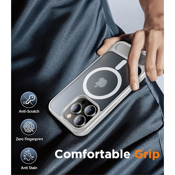 Magnetiskt kompatibel med iPhone 16 Pro Max-fodral, [Inbyggt osynligt stativ][Kompatibelt med MagSafe] [Militärklass stöttåligt] Smalt genomskinligt Silver iPhone 15 Pro Max