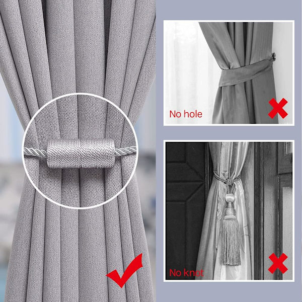 2 kappaletta 16 tuuman magneettiset verhotangot, käsintehdyt sivunaru, käytännöllinen ja koristeellinen kodin ja toimiston ikkunoiden verhoihin (harmaa)