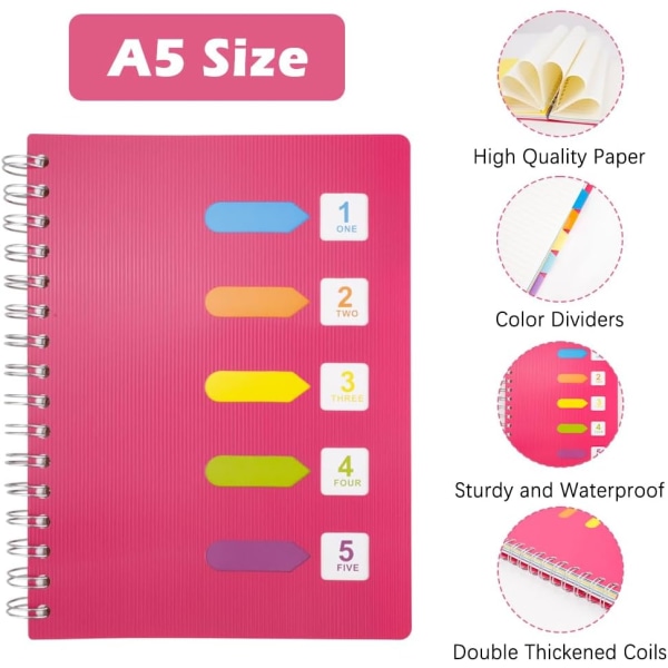 A5-anteckningsbok för ämnesspiral med 2 st indexflikar, trådbunden anteckningsbok med 5 färgade avdelare, A5-anteckningsblock, journal med cover (rosa)