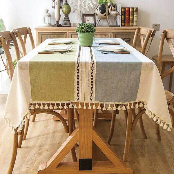Tvättbar bomullslinne duk tofsar Rektangulära Dammtät bordsduk för köksdekoration (blå-gröna ränder, fyrkantig, 140x140 cm, 4 platser)