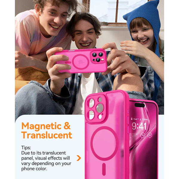 Magnetisk etui til iPhone 16 Pro Max med fuld kamerabeskyttelse [Kompatibel med Magsafe] [Gennemskinnelig mat] Beskyttende telefonetui, mat sort Hot Pink iPhone 16 Pro Max