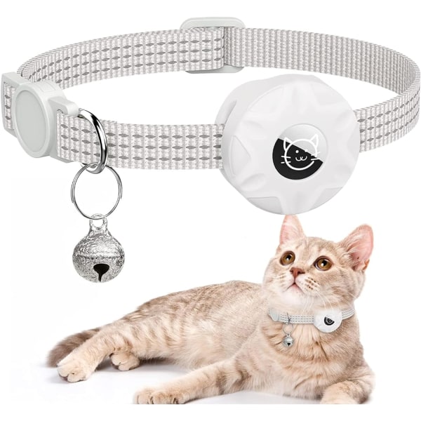 AirTag katthalsband - Integrerat reflekterande halsband med AirTag hållare - GPS-kattungar och valpar - Katthalsband med justerbar BellCat - Vit