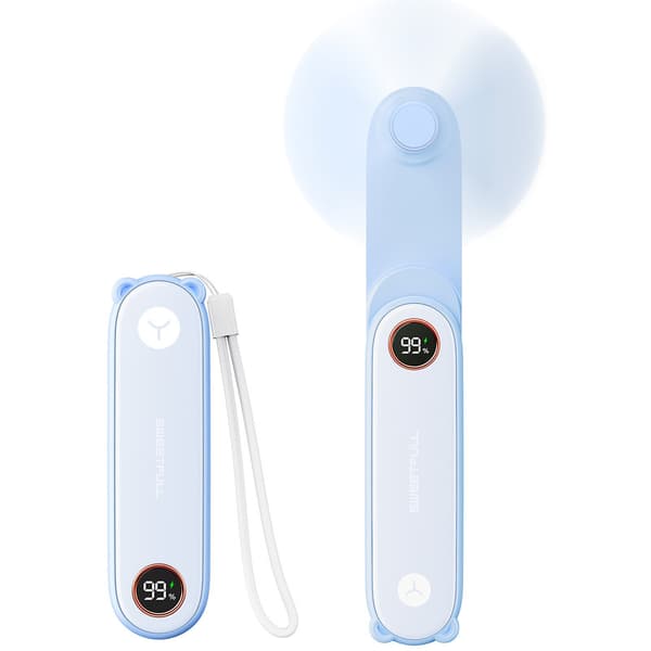 Sød bærbar håndventilator til kvinder, mini lommeventilator med LED-display, 3-i-1 USB genopladelig ventilator med lommelygte og foldbart design Sky blue