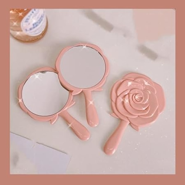 Retro rose spejl, bærbar lommespejl med håndtag, kreativt spejl i plastik, skønhedsspejl til påklædning - rose