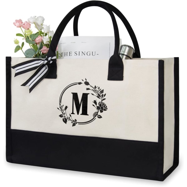 Initial Canvas Tote Bag,Personalized Present Bag,Suitable for Wedding,Birthday,Beach,Holiday,is a Great Gift for Women,Teachers,Friends (Letter M)