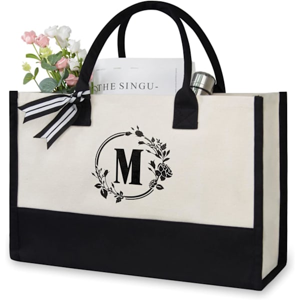 Initial Canvas Tote Bag, Personlig gavepose, Egnet for bryllup, bursdag, strand, ferie, er en flott gave til kvinner, lærere, venner (bokstav M)