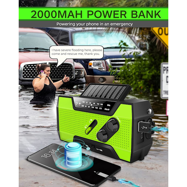 Nödväder Solcellsvev AM/FM NOAA Radio med Bärbar 2000mAh Powerbank för Nöd- och Utomhusöverlevnad green