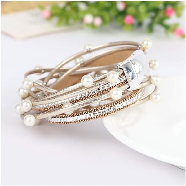 Leopard Armband för Kvinnor, Boho Läder Wrap Multi-Layer Pärla Kristall Armband Smycken