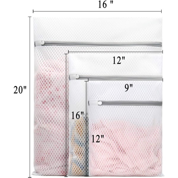 3 st slitstarka tvättnät i bikakestruktur för ömtåliga kläder (1 stor 40 x 50 cm, 1 medium 30 x 40 cm, 1 liten 23 x 30 cm)