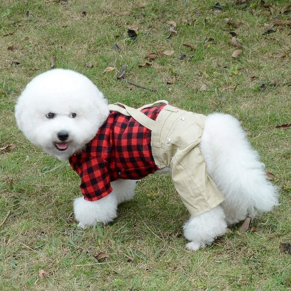Husdjurskläder för liten hund Katt Röda rutiga skjortor Tröja med Khaki Overall Byxor Jumpsuit Outfits - M Storlekar