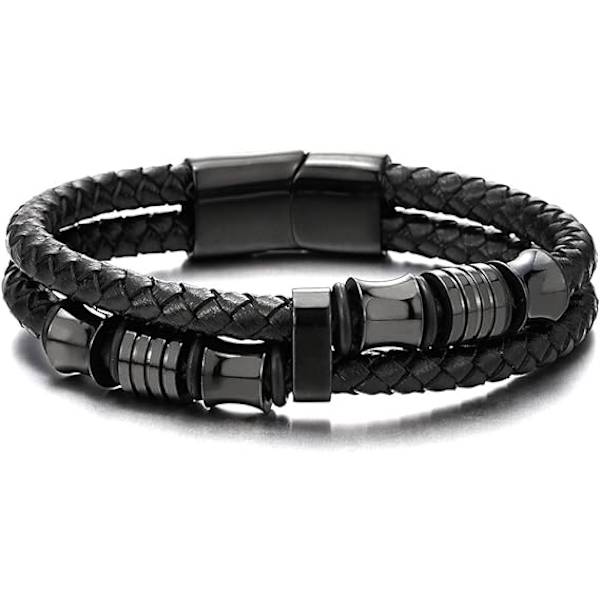 Herre Dobbelt-Række Flettet Læder Armbånd Bangle Armbånd med Rustfrit Stål Ornamenter（Sort-Sort）