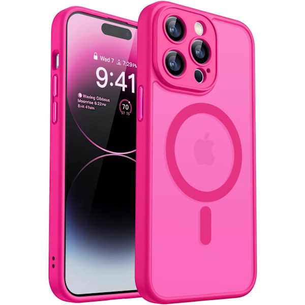 Magnetiskt skal för iPhone 16 Pro Max med fullständigt kameraskydd [Kompatibel med MagSafe] [Genomskinlig matt] Skyddande telefonfodral, varmrosa Hot Pink iPhone 14 Pro Max