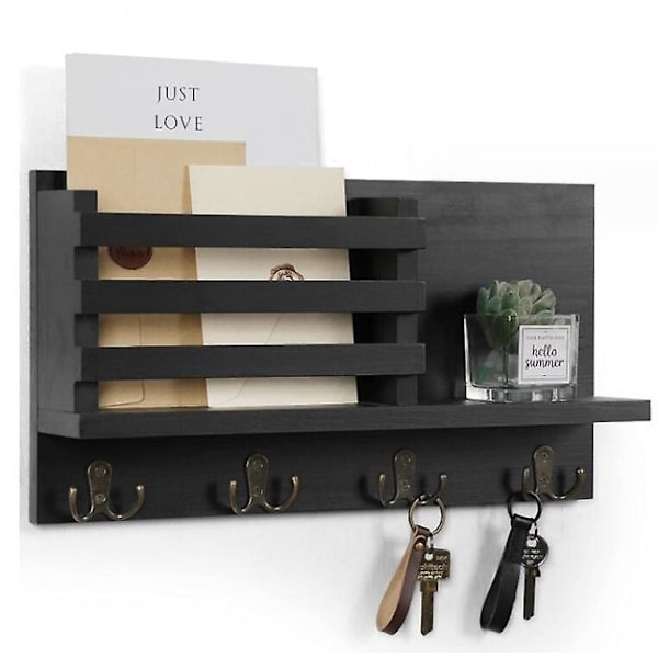 Key Holder for Wall with Shelf has Large Hooks black