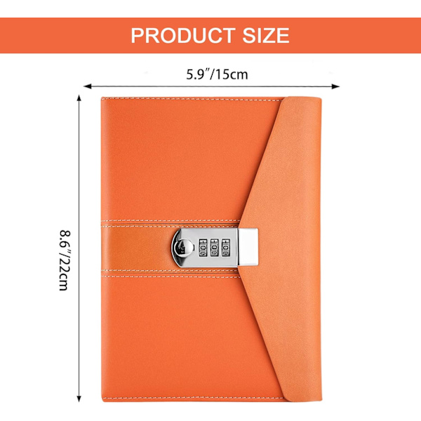 A5 Business Låsbare Dagbog, Låst Penneholder & Kortspor, Kontor Skoleartikler Studerende Papirvarer, Størrelse 8,6\"x5,9\"（Orange）