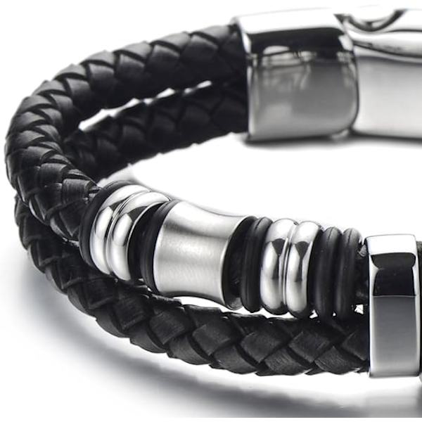 Herre Dobbelt-Række Flettet Læder Armbånd Bangle Armbånd med Rustfrit Stål Ornamenter（Sort-Hvid）