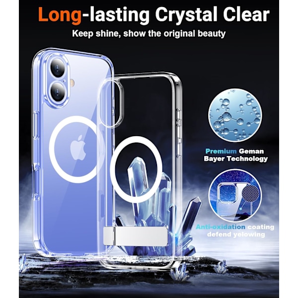 Magneettinen iPhone 16 Pro Max -kotelo, [Sisäänrakennettu näkymätön jalusta][Yhteensopiva MagSafe-tekniikan kanssa] [Sotilastason iskunkestävä] Ohut läpikuultava Clear-Stand for iPhone 16 Plus 6.7"