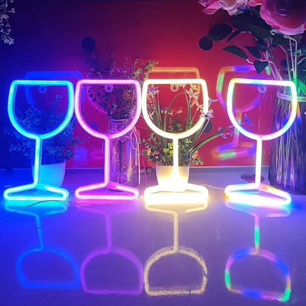 Vinglas Neon Skilte, USB eller 3-AA Batteridrevet Neon Lys, LED Lys Borddekoration, Piger Soveværelse Vægindretning, Børnefødselsdagsgave (Blå)