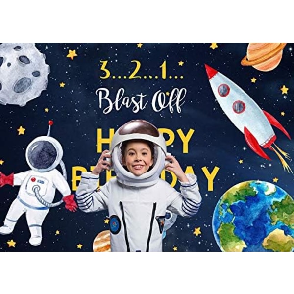 7x5ft till månen Grattis på födelsedagen Bakgrund för pojke Yttre rymden Raket Astronaut Tema Bakgrund Natthimlen Guld Hängande stjärnor Planet Galaxy Bakgrund
