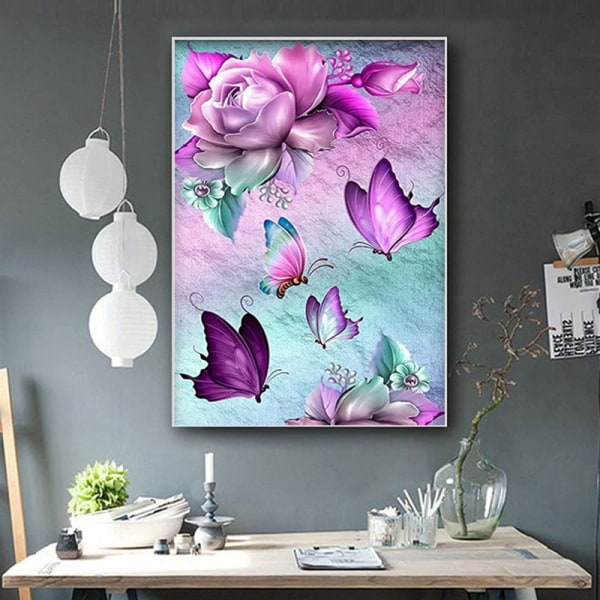 5D diamond painting, vas full av diamanter, dekorativ målning för fjärilar och fågelblommor-Lila fjärilsblomma-（12*16 tum)