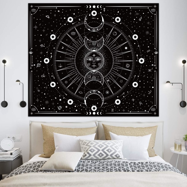 Vægtæppe til vægophæng Stjerner Rum Psykedelisk Sort og Hvid Gobeliner Vægophæng til boligindretning til soveværelse (Sort, 130x150 cm)