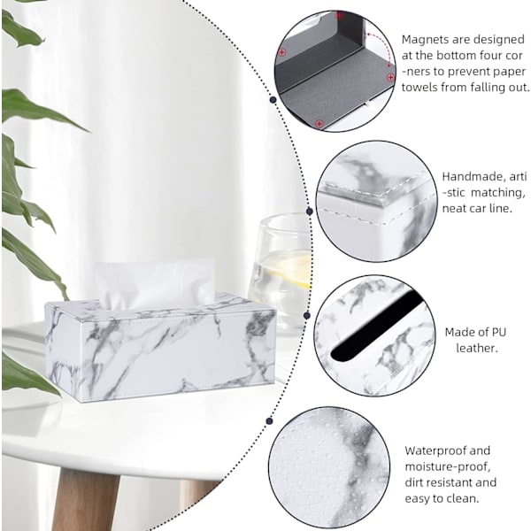 Læder Husholdningskontor Rektangulær Stor Tissue Box med Fjernbetjening Opbevaringsarrangør Box - Elegant og Stilfuld Hjem Servietholder (marmor)