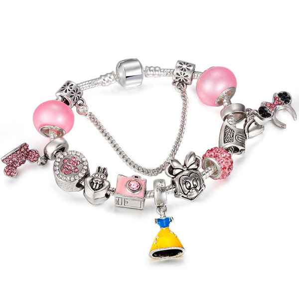 Tecknat tema rosa charmsarmband, passar Pandora, DIY-dräkt för kvinnor - liten klocka (17 cm/6,7 tum)