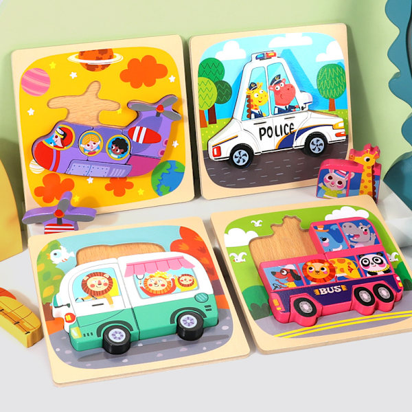 TOY Life -puinen eläinpalapeli 1-3-vuotiaille lapsille, vauvan palapeli 1-3-vuotiaille lapsille, opettavainen oppimispeli 1 2 3+ -vuotiaille pojille ja tytöille - 4 kpl - A
