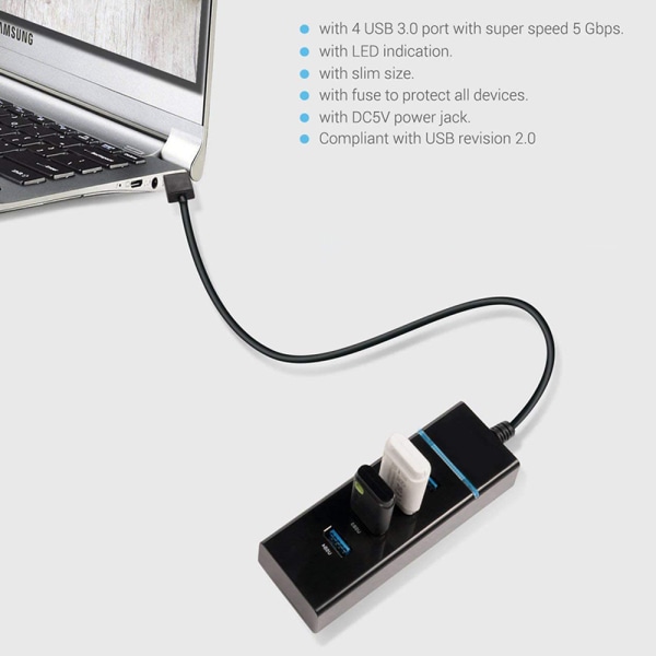 USB-hub 4 porter USB 3.0 C HUB Super Speed Data Hub kompatibel med Windows, Mac OS, Linux, Macbook, Laptop, Notebook - svart