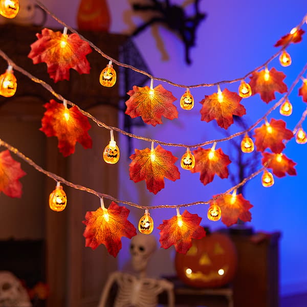 Halloween Solid Gresskar og Lønneblad Lyslenke, 3m 20LED Batteri, Feriefestdekorasjon