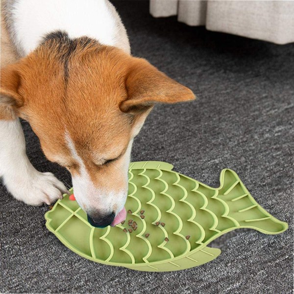 Langsomt foder til kæledyr, slikkemåtte til hunde, sjovt alternativ til langsomt foder til hunde, snuffle-måtte og hundeskåle, fiskeformet langsomt foder, grøn