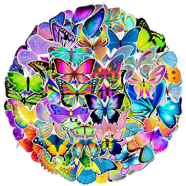 50 stk Butterfly Klistremerker Lyse Farger Dekaler Vinyl for Scrapbooking Vannflasker Bagasje Laptop Kanne Kofferter Vegg Soverom, Vanntette Klistremerker