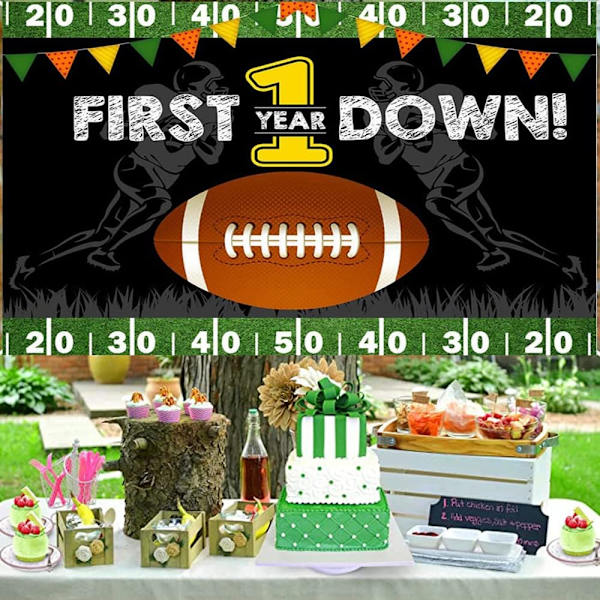 Jalkapalloteemainen 1. syntymäpäivätausta Ensimmäinen syntymäpäiväjuhlat Koristeet Ensimmäinen vuosi alas Touchdown Rugby Tausta Vastasyntyneen syntymäpäiväbanneri