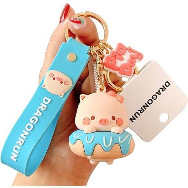 Søte nøkkelringer med griser - 3d Kawaii Anime nøkkelring - Tilbehør til bilnøkkel, veske, sjarmerende dekorasjon - Gave til jenter og gutter - Blå donutgris