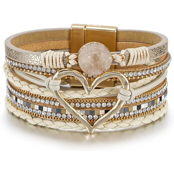 Leopard Armbånd for Kvinner, Boho Lær Wrap Multi-Layer Perle Krystall Armbånd Bangel Smykker