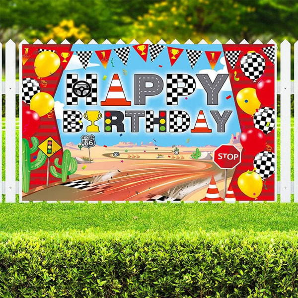 Racerbil Happy Birthday Baggrundsbannere Racing Lane Fotobaggrund til Bilracefest Dekorationer Rød Ternet Banner Dekorationer