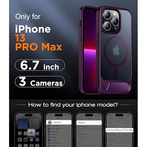 Magneettinen iPhone 16 Pro Max -kotelo, [Sisäänrakennettu näkymätön jalusta][Yhteensopiva MagSafe-tekniikan kanssa] [Sotilastason iskunkestävä] Ohut läpikuultava Purple iPhone 13 Pro Max