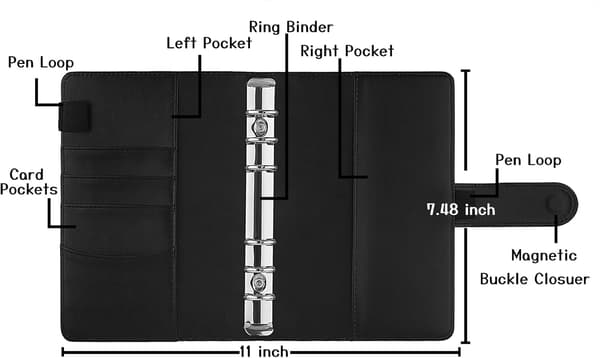 A6 PU Læder Notesbog Ringbind Genopfyldelig 6-rings Ringbind, Løsblad Personlig Planlægger Ringbind Omslag med Magnetisk Spænde, Sort