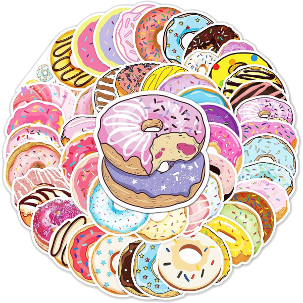 50 stk. Donut-klistermærker til vandflasker, notesbøger, telefoner, motorcykler, computere, guitarer, skateboards, vandflasker, slik, snacks, vinylklistermærker til teenagere og voksne
