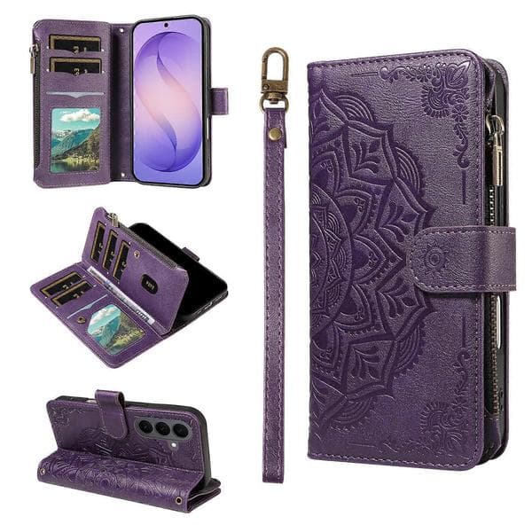 Compatible with Samsung Galaxy S26 Wallet Case Mandala Embossed Leather Flip Cover 9 Card Slots Zipper Pocket RFID Shell