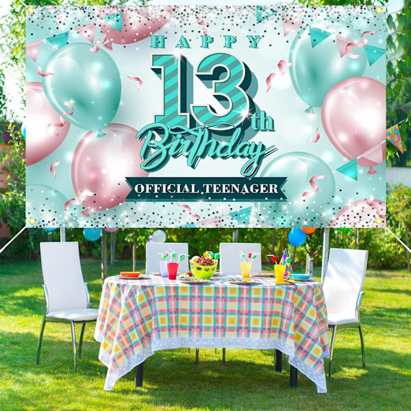 Onnellinen 13. syntymäpäivä Taustakuva Koristeet Vaaleanpunainen ja Teal Glitter 13 Vuotta Vanha Banner Tytöille Virallinen Teini-ikäinen Syntymäpäiväjuhlat Koristeet Tarvikkeet
