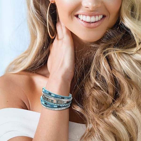 Läderarmband för kvinnor, Boho Leopard Multi-Layer Crystal Beads Cuff Armband Smycken