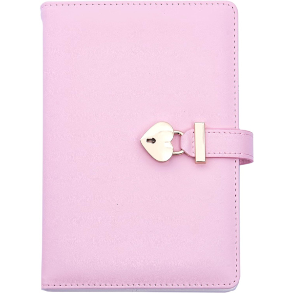 A5 sød låsbar journal med hjerteformet lås og nøgle, PU læder, hængelås personlig skitsebog fødselsdagsgave, penneholder og kortslots (Pink)